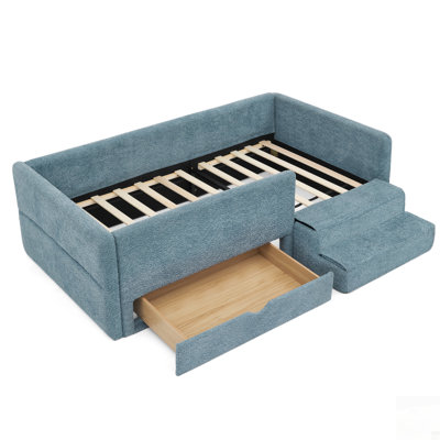 Lit multifonctionnel sécuritaire pour enfants avec garde-corps, rangement et marchepied de sécurité, tissu bouclé