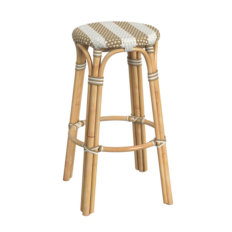Alastair 30" Rattan Bar Stool - Tan/White Stripe/ Natural Rattan Frame, Bar Stool (30" Seat Height)