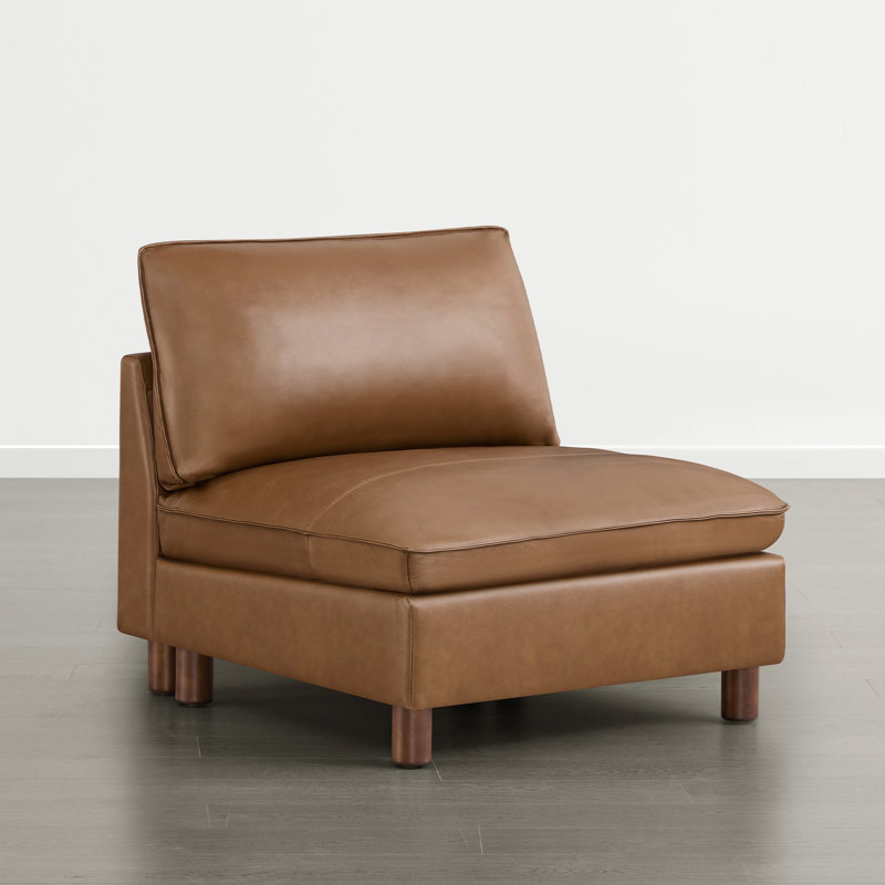 Solena 34.6" W Genuine Leather Armless Chair With Solid Wood Base