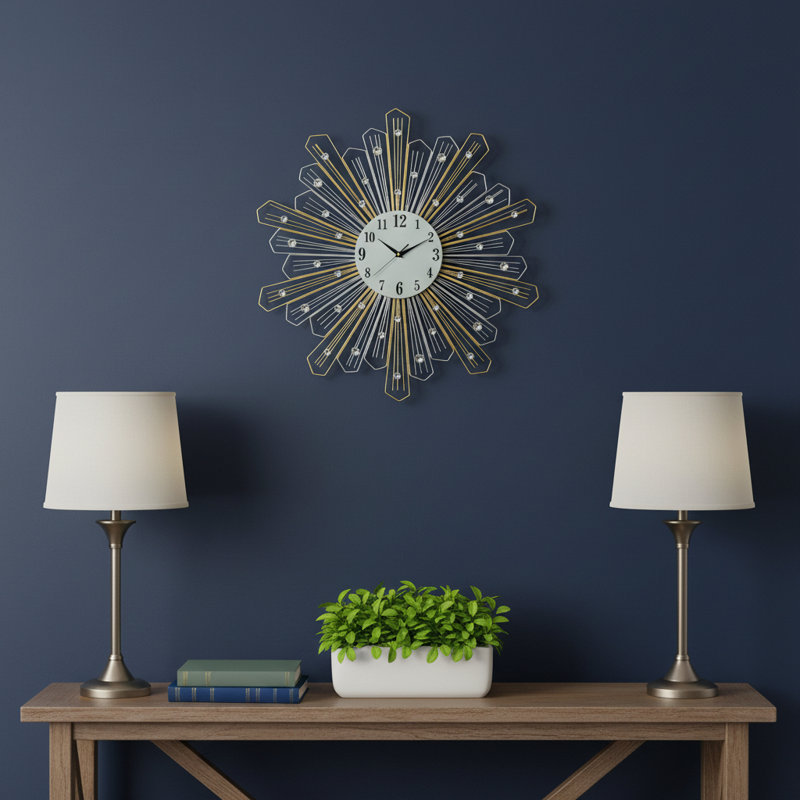 Horloge murale 27 po, argent, métal et faux cristaux