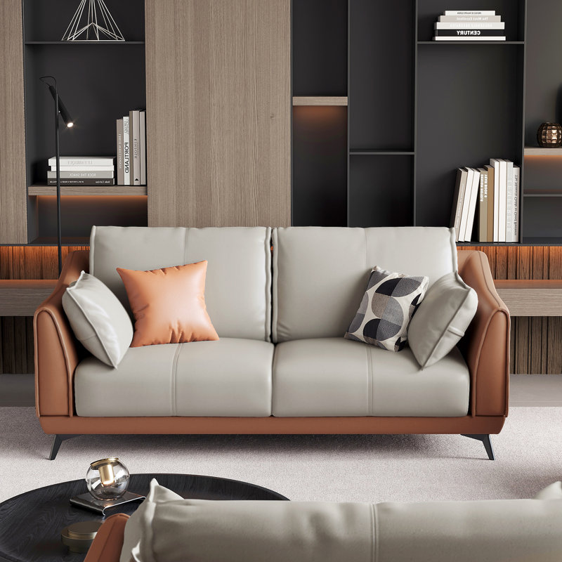 60" Elegant Faux Leather Sofa with Gray Cushions & Brown Frame,Modern Living Room Couch,Loveseat Sleeper Sofa(2-Seat), 2
