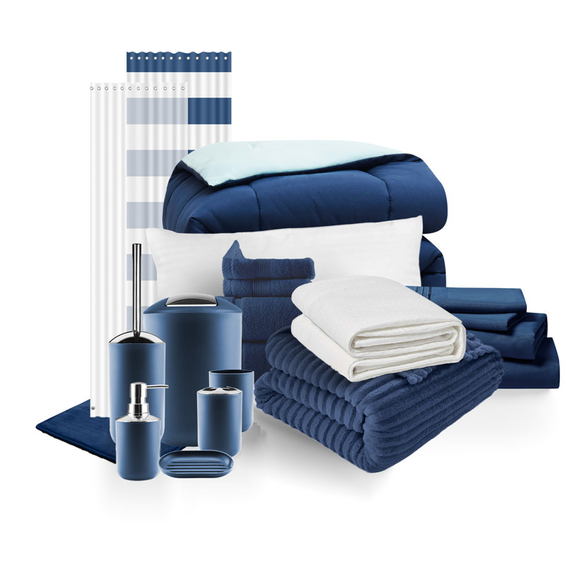 Complete College Dorm Room Essentials, Twin XL Bedding & Bath Set, Navy/Aqua