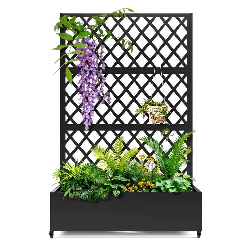 Boîte à fleurs surélevée en métal avec treillis et roues pour patio et jardin）, Noir, H 73 po x l 47 po x P 15,7 po
