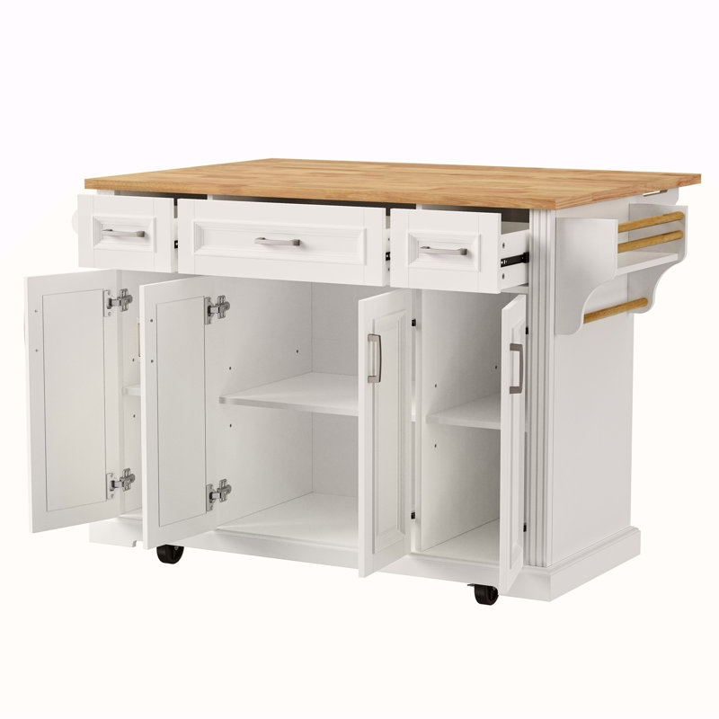54Inch Large Kitchen Island With Rubber Wood Drop Leaf, Embossed Texture Rolling Kitchen Cart On 4 Wheels With 4 Doors And 3 Drawers, Kitchen Island With Storage For Kitchen, Dining Room