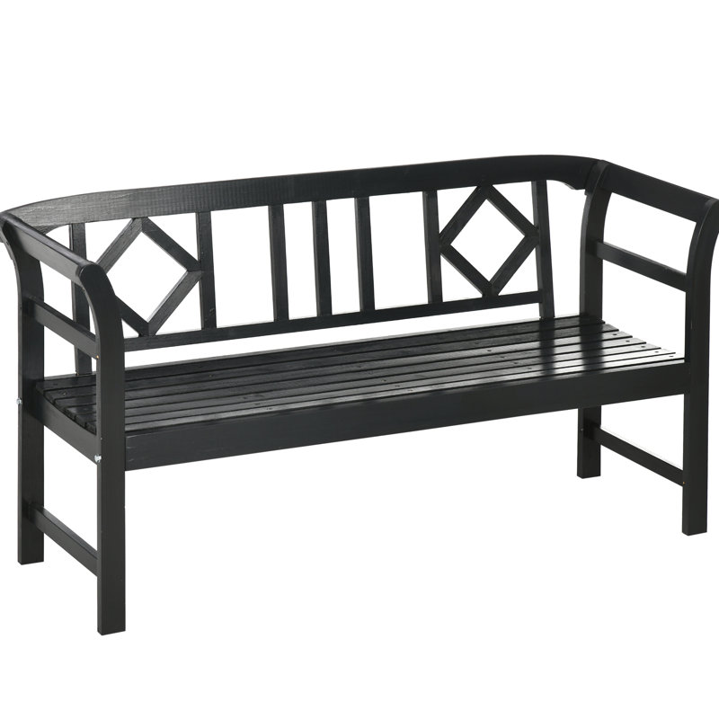 Chaise de patio rustique noire pour l'extérieur, banc en bois avec et, motif à losanges champêtre pour 3 personnes