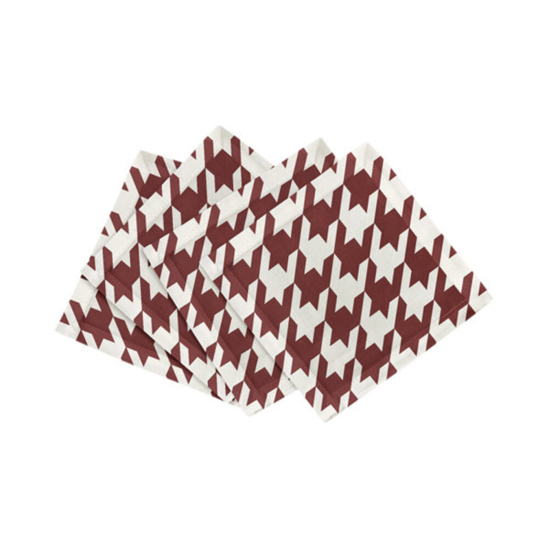 Houndstooth Cotton Sateen Cocktail Napkins, Red/White