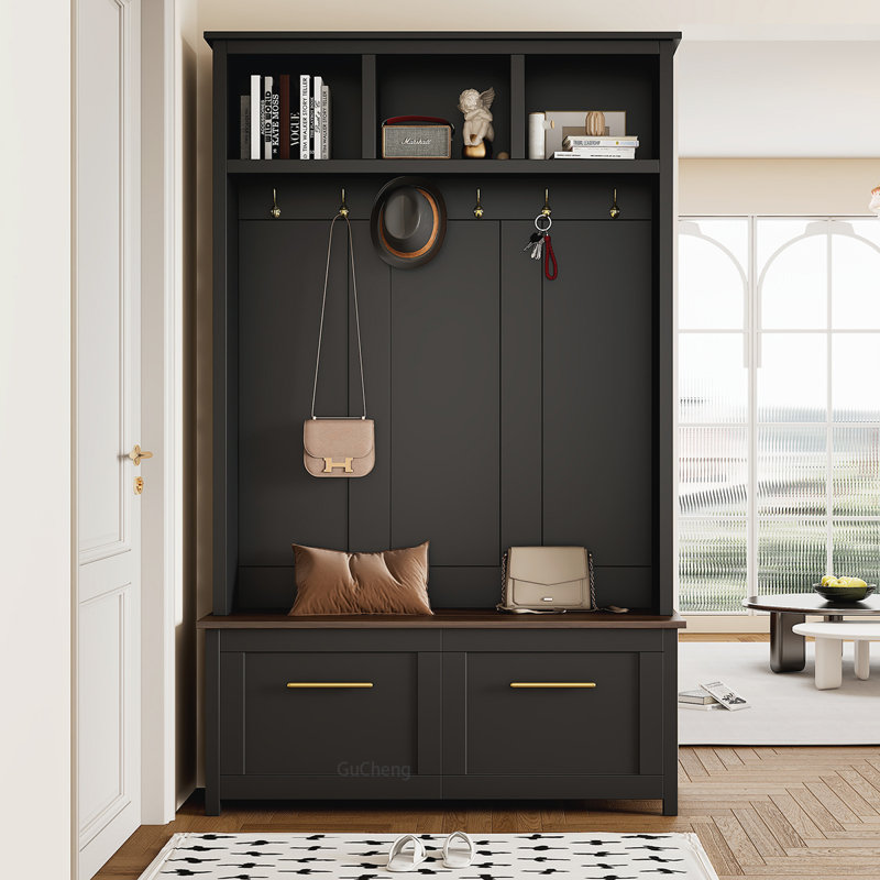 Versatile Hall Tree with Multiple Storage Options and Stylish Hooks, Black