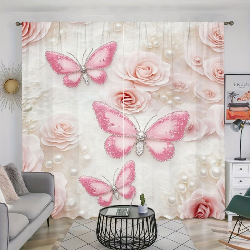 2Pcs Pink Butterfly Curtains, Elegant Rose & Pearl Pattern, Rod Pocket Window Drapes, Romantic Fairy Tale Style, Living Room Bedroom Study Window Decor
