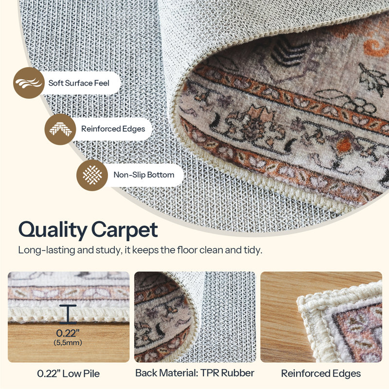 Area Rug, Machine Washable, with Non-Slip TPR Rubber Backing, Rectangle 6' x 9'