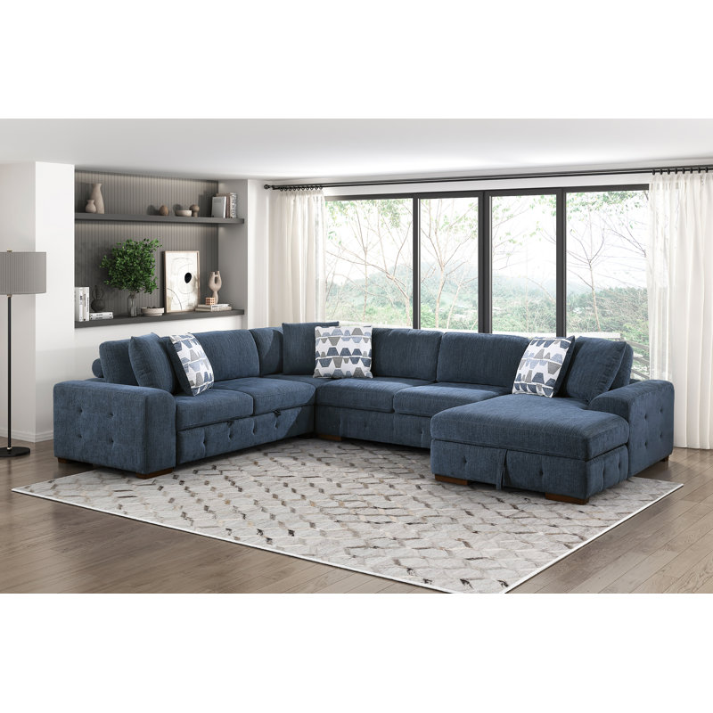 Upholstered 143 " Chenille U-Shaped Sofa Bed with Ottoman, Chenille bleu, Orienté à droite