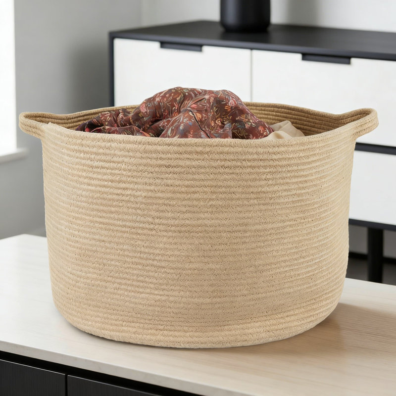 Large Woven Cotton Rope Storage Basket With Handles, Multi-Purpose Organizer For Blankets, Toys, Laundry, And Home Decor
