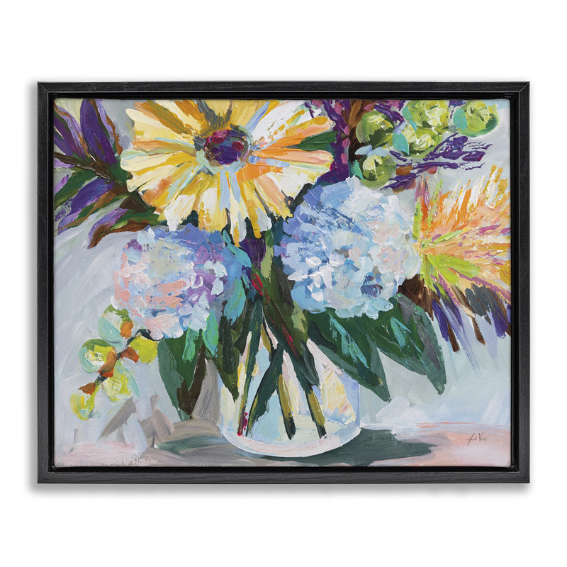 «Summer Blooms Bouquet», art mural par Jeanette Vertentes, H 25 po x l 31 po, Cadre flottant noir de jais