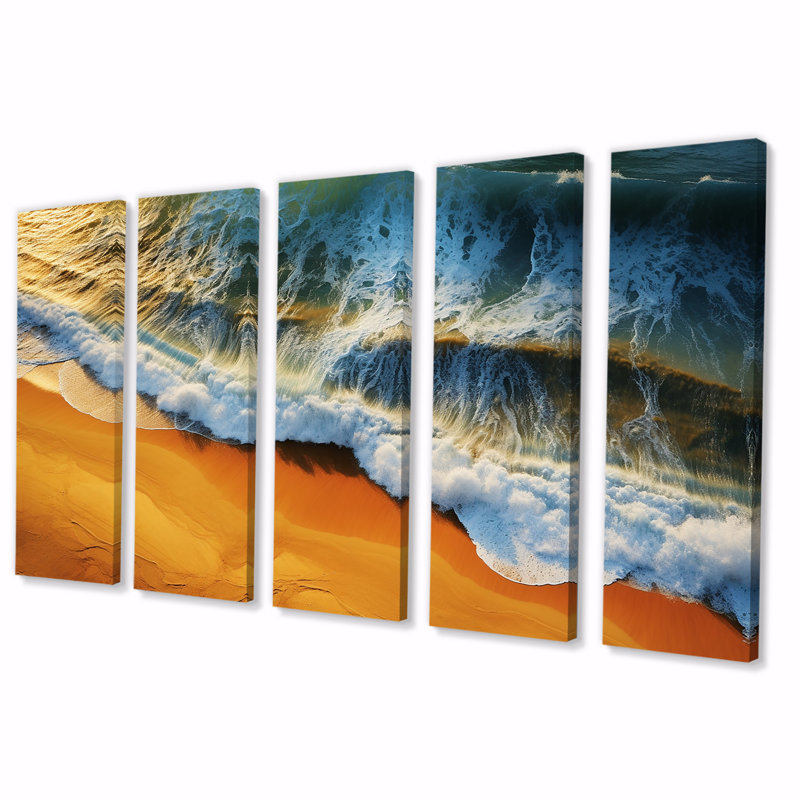 «Blue and Orange Beach Aérienne vue IV - Plage côtière», ensemble de 5 pièces d'art mural, H 28 po x l 60 po