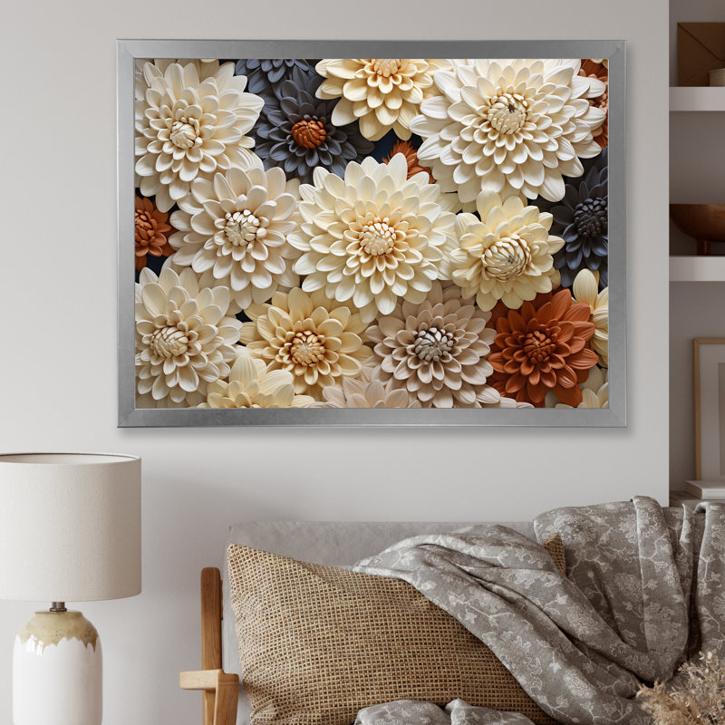 «Chrysanthemums White Mosaic Garden» sur toile, Cadre simple argenté, H 12 po x l 20 po x P 1 po