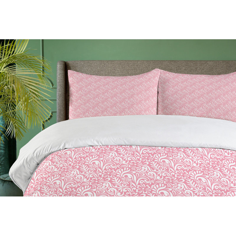 Queen Size Pale Pink and White Damask Duvet Cover Set