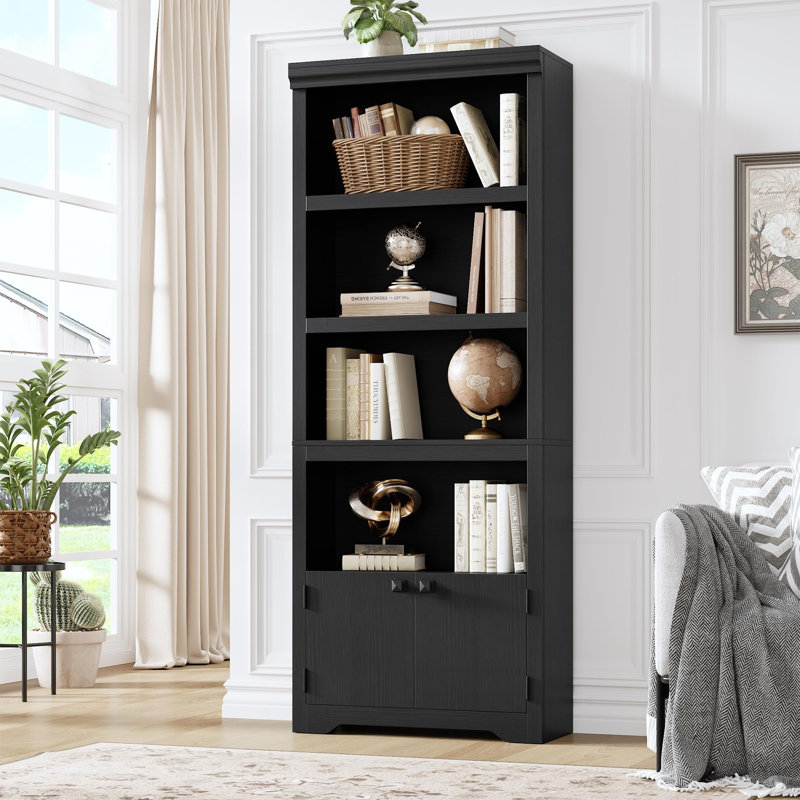 5 Tier Bookshelf,  Farmhouse Bookcase with 2 Doors - Open Display Storage Rack with Anti-Slip Design and Adjustable Shelves