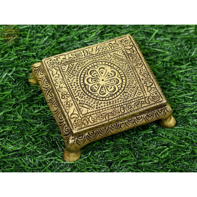 Ornate Brass Chowki Altar Stand, 3-Inch Small Traditional Indian Ritual Pedestal or Plant Riser