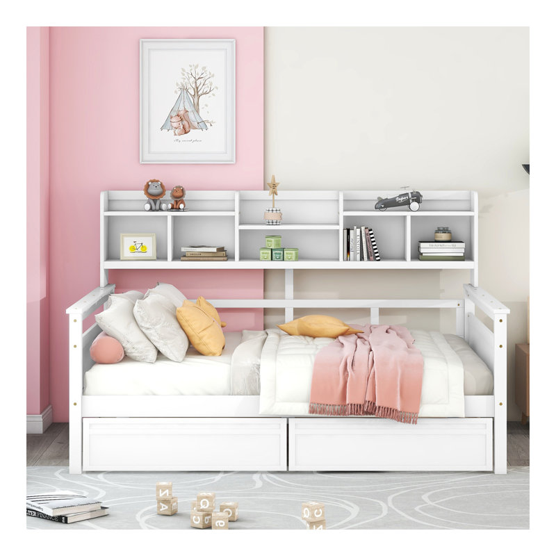 Daybed, Ileah Slat Support, with Bedside Shelves and Two Drawers, Full/Double, White