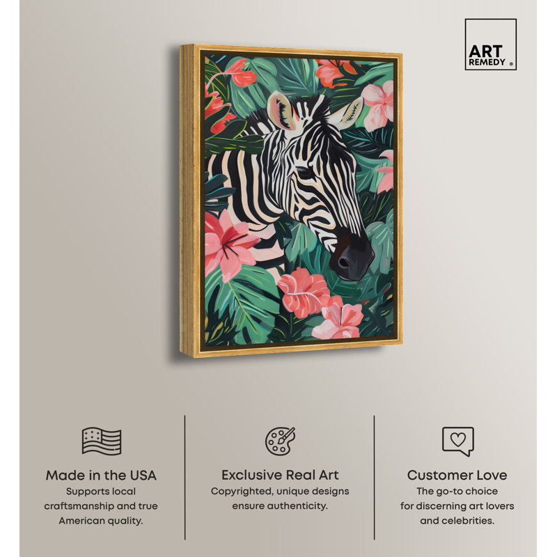 Zebra in Tropical Jungle Canvas Art with Gold Frame, 36" x 54"