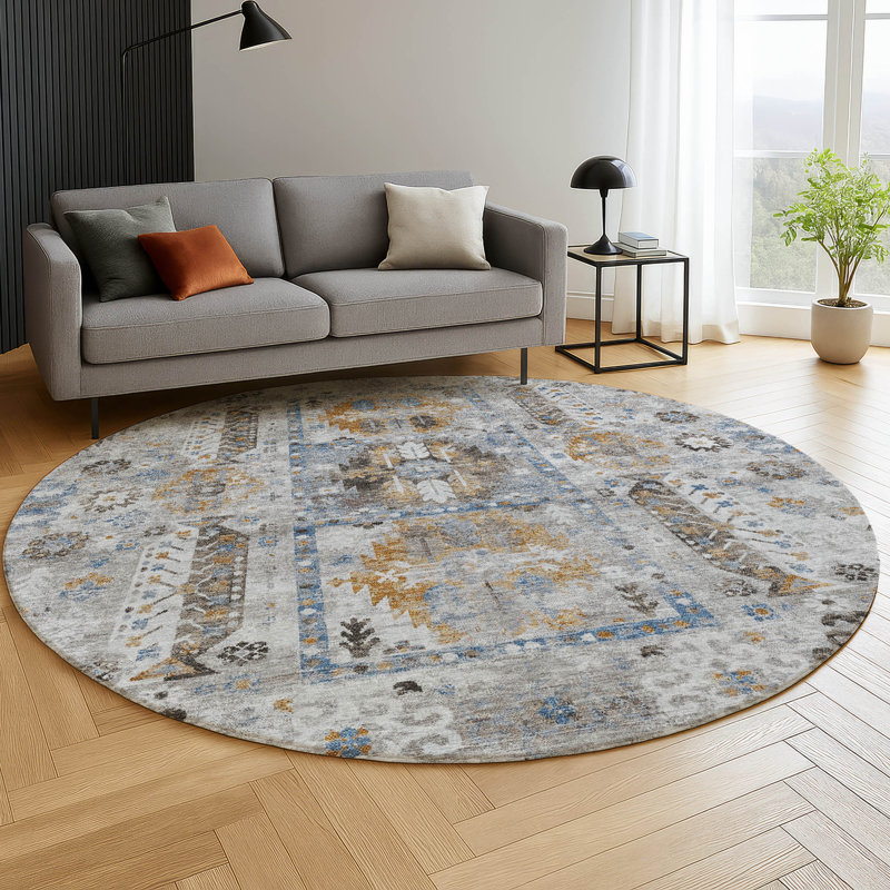 Premium Machine Washable Mayfield AMF2198 bohemian Rug, Gray, 8' Round
