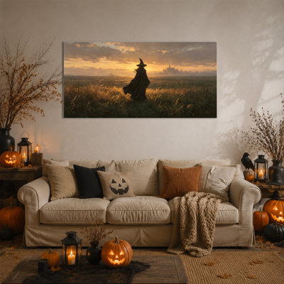 Art d'Halloween, art mural de sorcière, art mural gothique, fantaisie sombre, coucher de soleil, décoration de sorcière pour salon, entrée de bureau de chambre à coucher, impression sur toile prête à accrocher, toile tendue avec cadre en pin, 32 po x 16 po