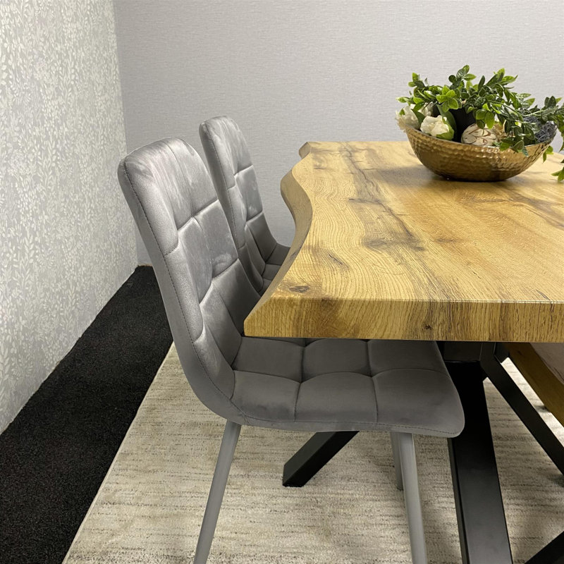 Wooden Dining Table with X-Shaped Iron Legs and 2 Grey Velvet Chairs Modern Dining Set (75cm), 75cmH x 117cmL x 77cmW