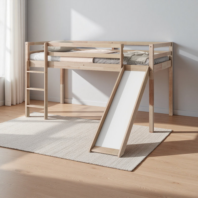 Lit simple mezzanine bas avec glissade, échelle, barrières de sécurité, Chêne