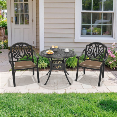 2 Stackable Chairs with Brown Cushions & 35.43" Round Table with Umbrella Hole, 3-Piece Bistro Dining Set