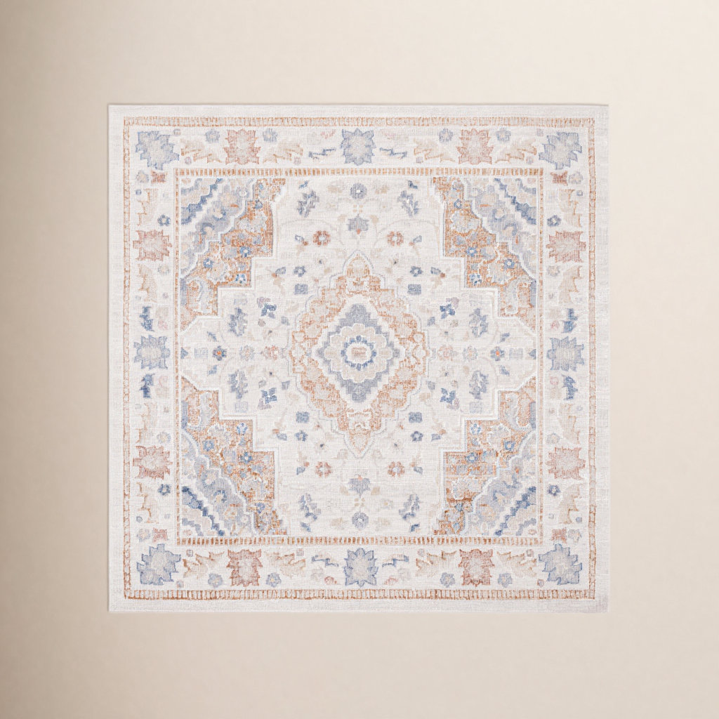 Mayhill Beige Rust Blue Machine Washable Rug, Square 6'7"