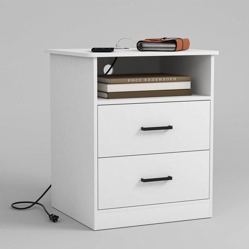 2 Drawers Nightstand With Charging Station, White