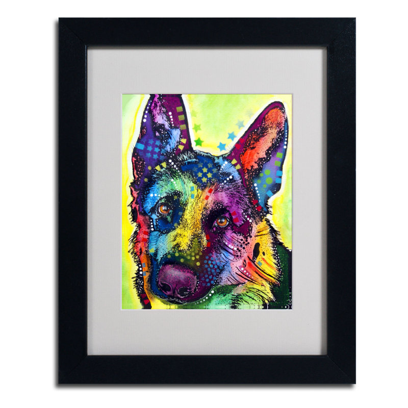 " German Shepherd " by Dean Russo, 14" H x 11" W x 0.5" D, Black Framed, White