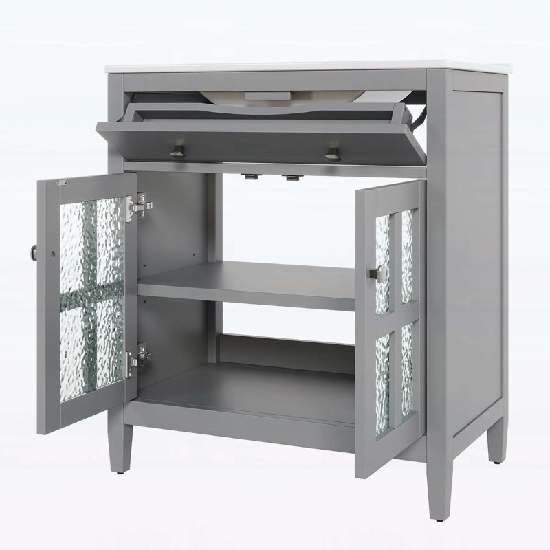 Meuble-lavabo de 30 pouces avec lavabo en céramique, tablette réglable, plateau basculant et charnières à fermeture en douceur