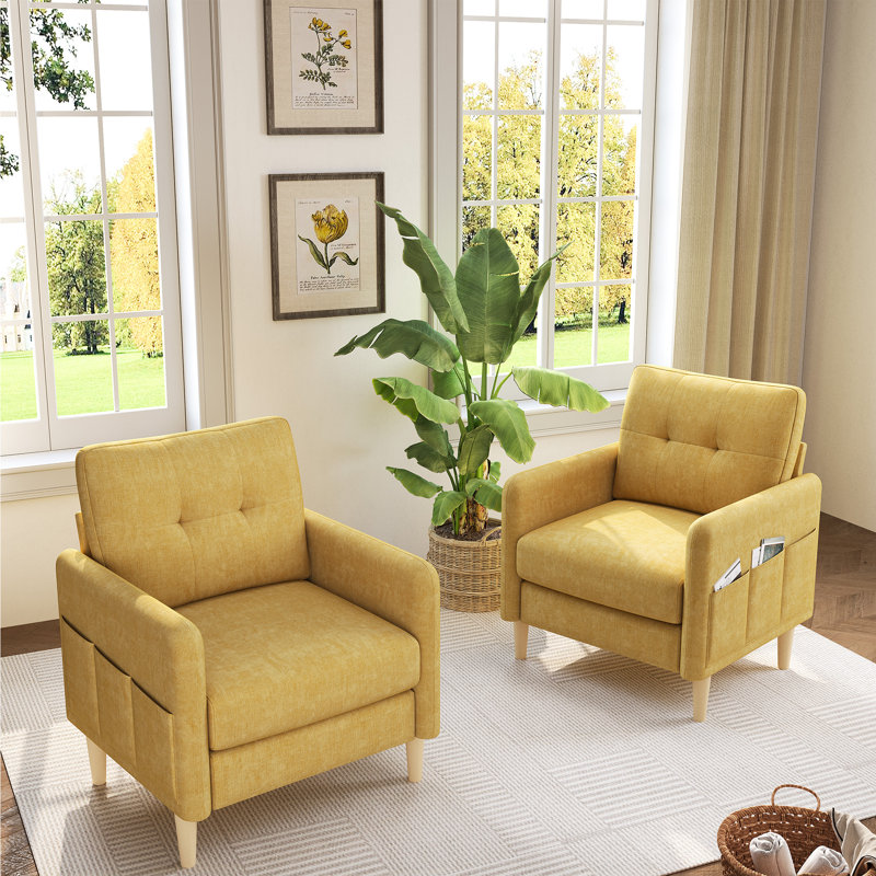 Ensemble de 2 fauteuils capitonnés en chenille avec poches de rangement George, Jaune
