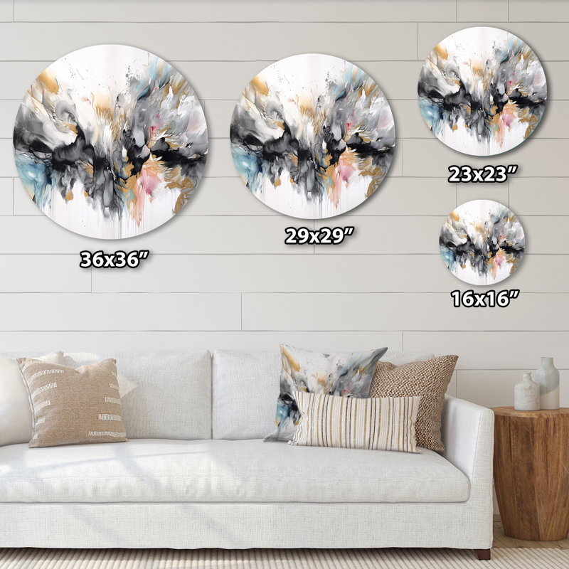 «White and Grey Geometric Profondeurs II», art mural rond abstrait géométrique sur métal, H 36 po x l 36 po x P 1 po