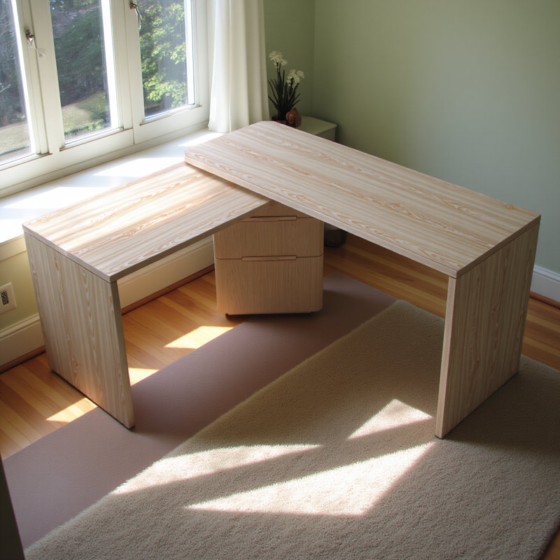 Bureau moderne en L 90 po en bois naturel avec 3 tiroirs, bureau pivotant à 360 ° en bois, bureau de direction, bureau d'angle, poste de travail pour bureau à domicile ou salon