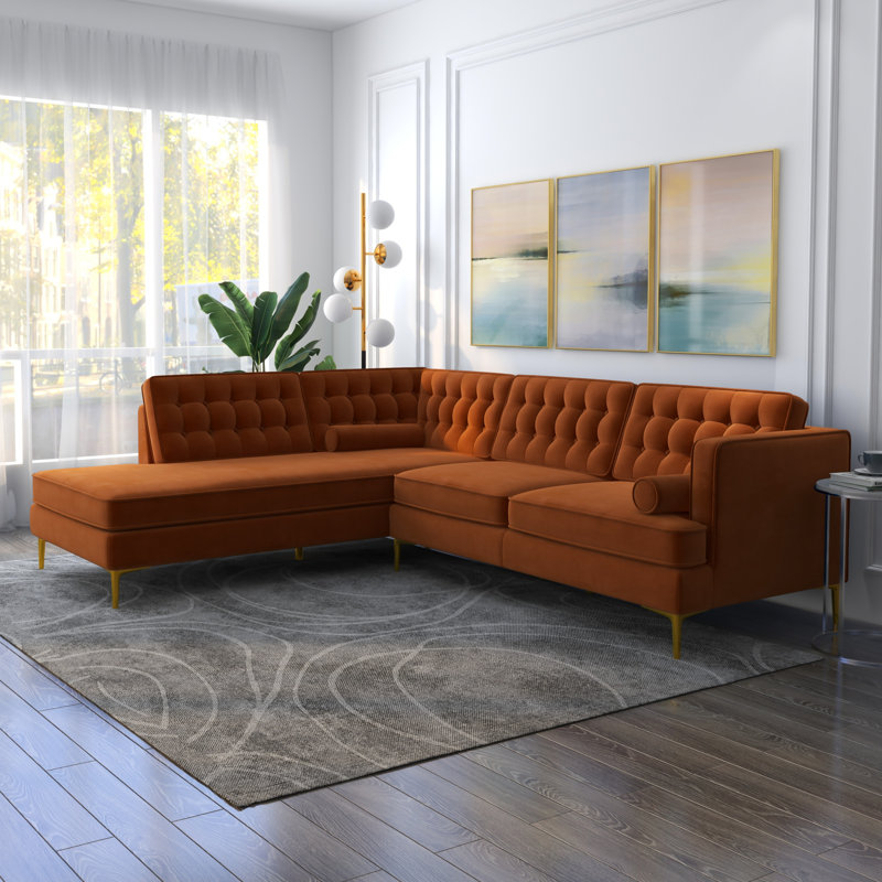 Canapé et chaise longue en velours de 101 po Noam, Velours orange, Accoudoir à gauche (vu de face)