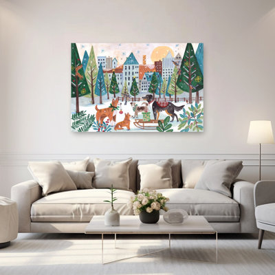 Dogs In The Park Christmas Abstract Contemporary Dog City Landscape Wall Art Print 1 Piece Wrapped Canvas Wall Art