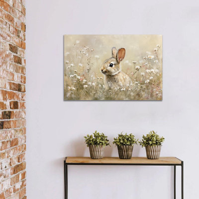  Art mural rétro sur toile de lapin - Fleurs murales de printemps, décoration murale pour la maison, reproduction de lapin, Pâques, peinture encadrée pour la décoration du salon, 12 po x 18 po