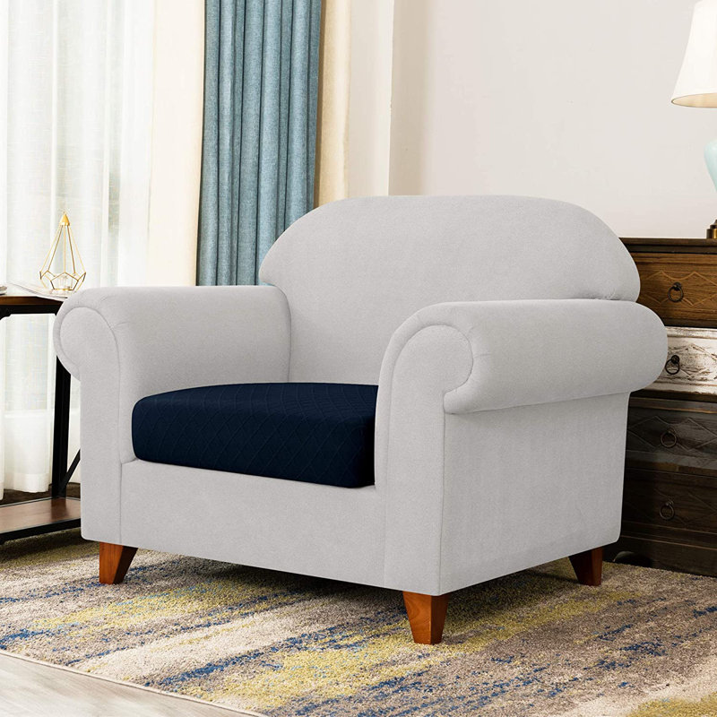 Rhombus Box Cushion Sofa Slipcover, Dark Blue