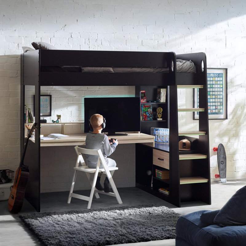 Sistine Rose Single (3') High Sleepers with Storage Included with Desk Included, Black/Pale Wood