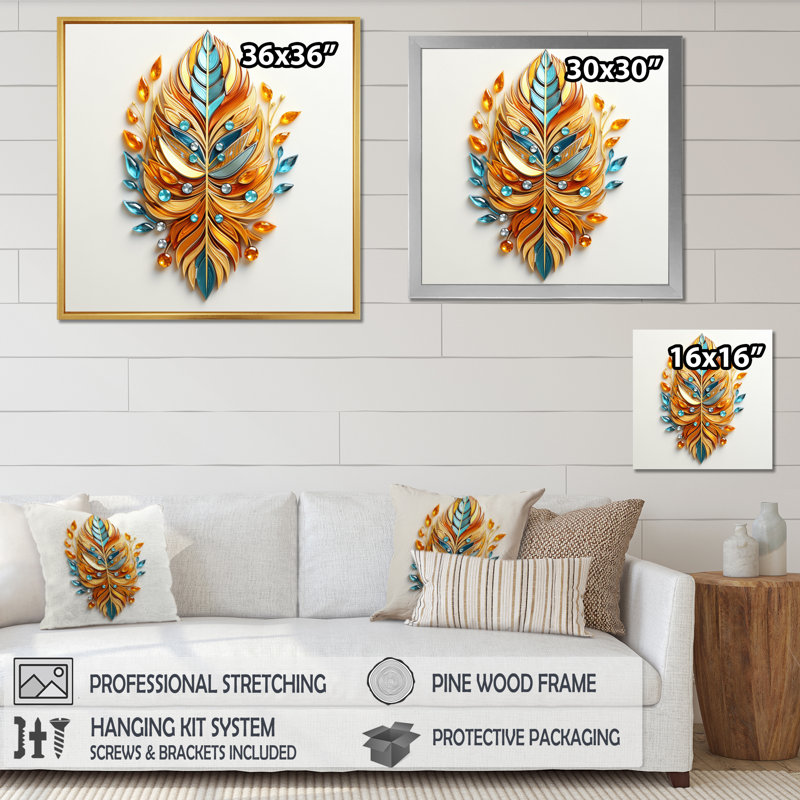 Boho Glam Amber Gold And Turquoise Theater - Feathers Canvas Art Print, H 30 po x l 30 po, Cadre naturel flottant