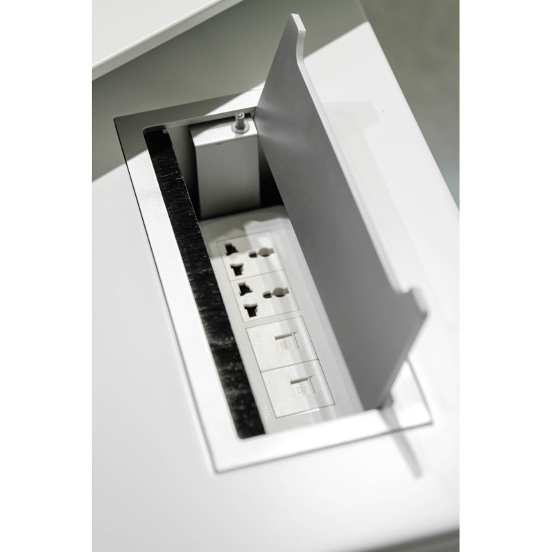 Mecham L-Shaped Executive Desk with Power Outlet, Right Hand Return, White/Chrome