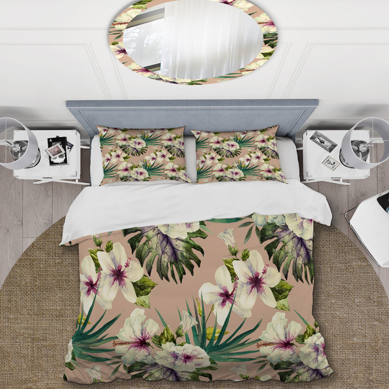 Ensemble de housse de couette White Flower and Green Leaf - Cabin & Lodge, Housse de couette pour très grand lit et 2 très