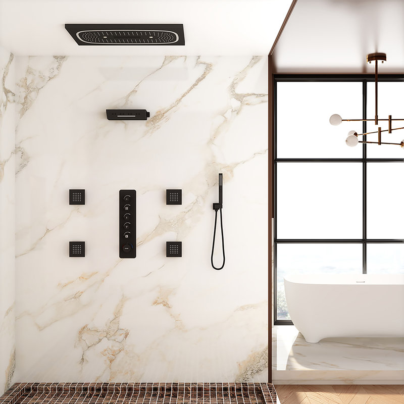 5-Function Luxury LED Thermostatic Shower System with Bluetooth Music, 4 Body Jets, Handheld Shower