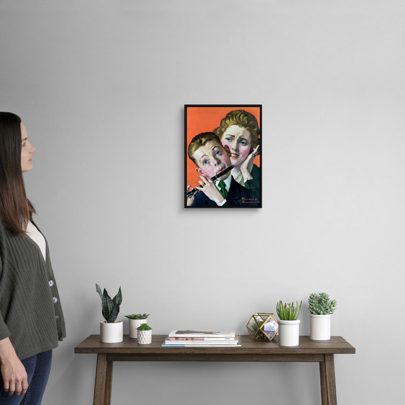 Garçon, musicien, art mural sur toile, Cadre flottant noir, H 18 po x l 14 po x P 1,75 po