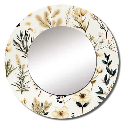Rhude Botanical Sketched - Plants Decorative Wall Mirror, Beige Large Round Mirror, Printed Metal Art