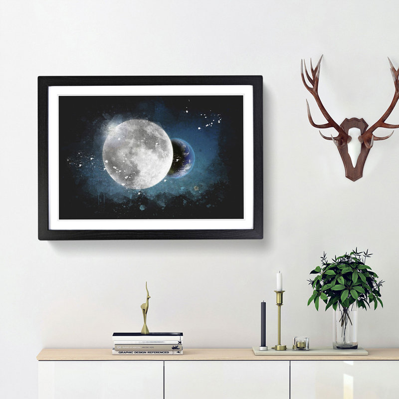Earth Behind The Moon Paint Splash - Framed Print, Black Framed, 24cm H x 33cm W x 2cm D