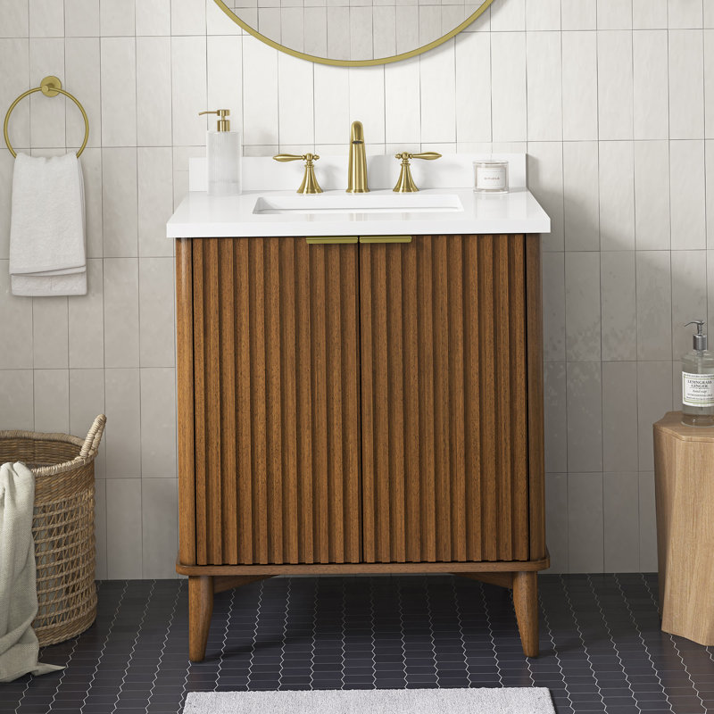 30 po Nakia Gabi Meuble-lavabo simple autoportant en noyer chaud avec plateau en pierre reconstituée blanche, Noyer chaud