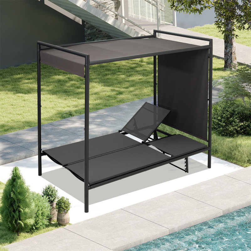 Outdoor Patio Daybed With Adjustable Canopy Bed, Double Chaise Lounge With 5 Position Adjustable Backrest And Cotton Cushions For Patio, Yard, Balcony, Poolside