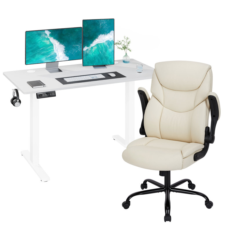 Standing & Height-Adjustable Desks Office Set With Executive Chair, White/White